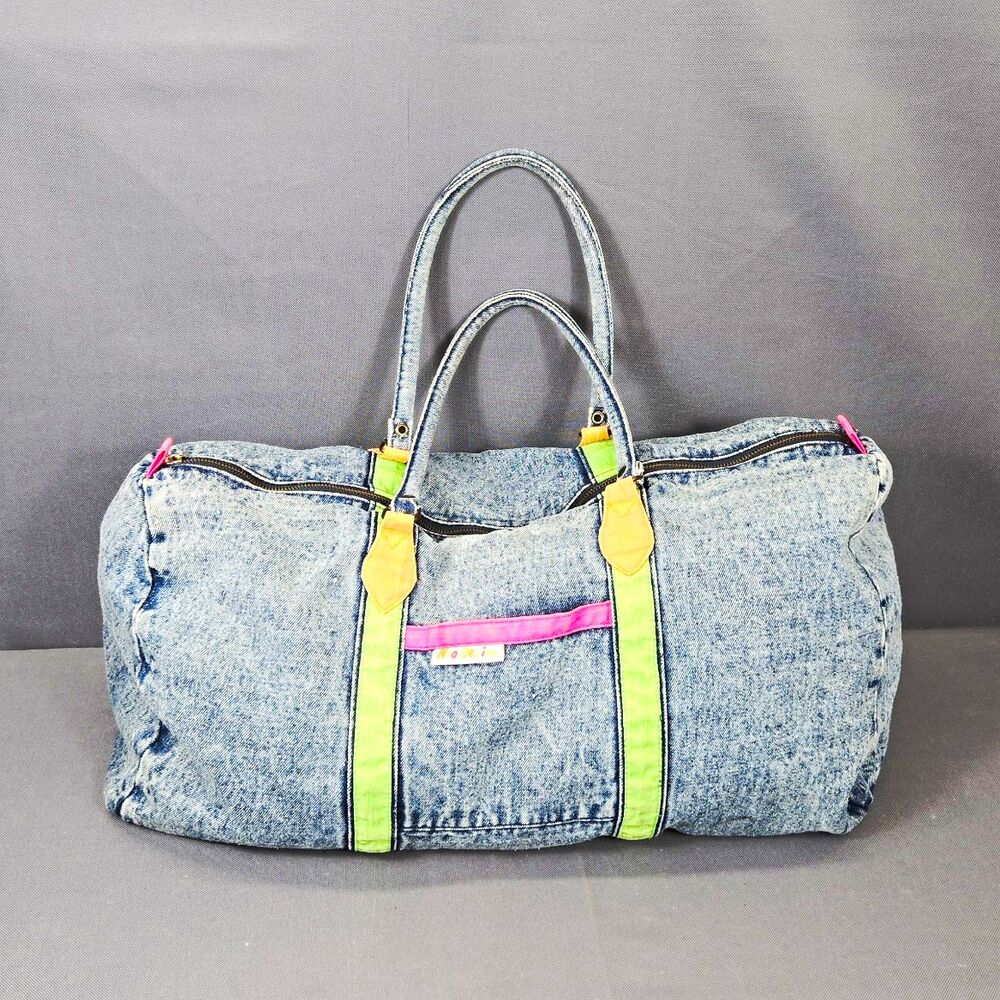 NoDenim Blue Distressed Duffle Bag Gold Hardware Zip Closure Double Handles